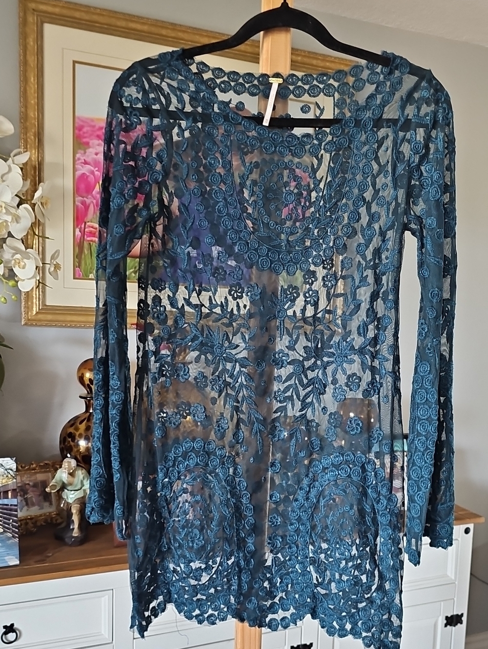 Free People Teal Sheer Embroidered Long-Sleeve Tunic